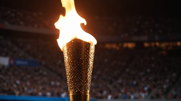 A golden torch held high radiates a vibrant flame, symbolizing hope and unity. The stadium buzzes with excitement as spectators witness the magical moment of celebration and athletic spirit.