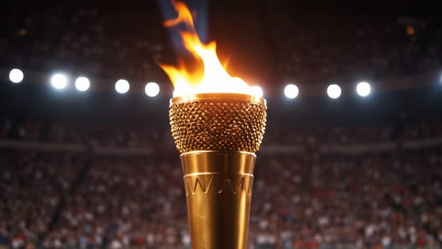 A magnificent torch burns fiercely, illuminating the stadium as excited spectators await the festivities to commence, symbolizing unity and celebration for all present.