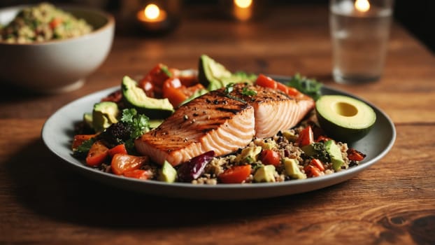 A beautifully plated meal features perfectly grilled salmon on a bed of quinoa, surrounded by vibrant vegetables like avocado and cherry tomatoes. A refreshing lime adds zest.