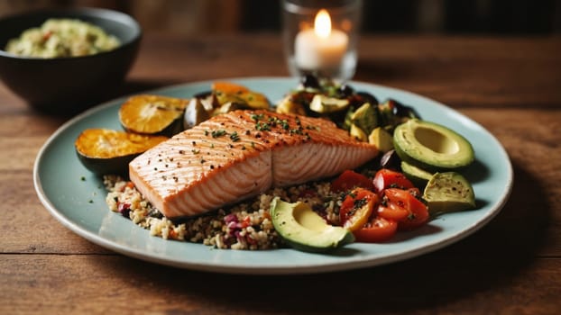 A beautifully arranged plate features grilled salmon alongside avocado, cherry tomatoes, and quinoa, complemented by salads in bowls, evoking a cozy dining experience.