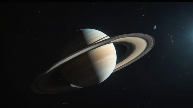 Saturn floats majestically in the vastness of space, its iconic rings casting shadows while a distant sun illuminates the scene, creating a stunning celestial backdrop that captivates the imagination.