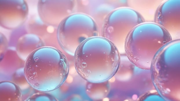A delicate arrangement of glossy bubbles in soft purple and pink shades rests on a shimmering surface, capturing the enchanting essence of twilight. The air sparkles with magic.