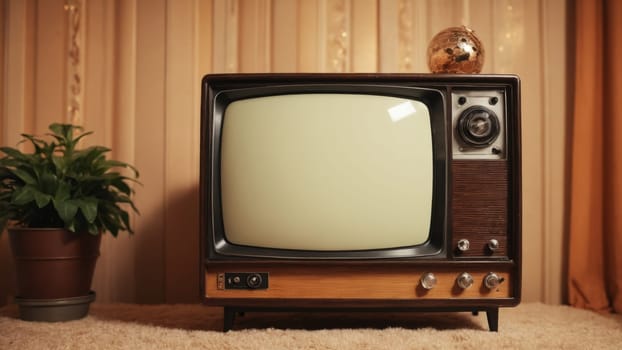 In a warmly lit living room, a classic television sits on a side table, exuding nostalgia, while a lamp softly illuminates the space, creating a comforting atmosphere perfect for relaxation.
