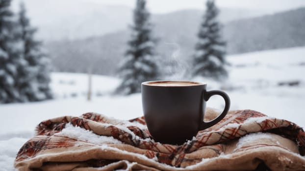A cozy cup of steaming coffee rests on a knitted blanket, framing a serene winter landscape filled with snow-covered trees and distant mountains, inviting relaxation and warmth.