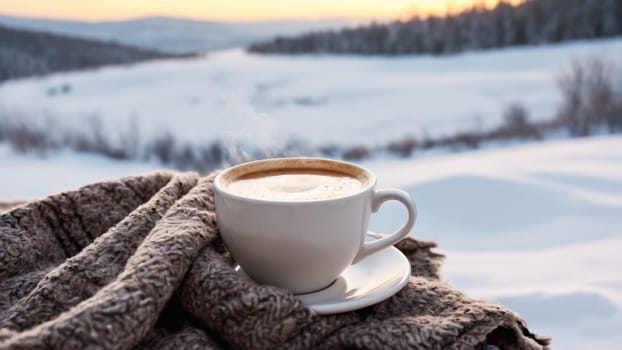 A steaming cup of coffee sits atop a plaid blanket, nestled against a backdrop of serene snow-covered hills, reflecting the warm glow of a winter sunset in the distance.