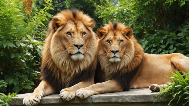 In a tranquil garden infused with colorful blooms, a lion lounges alongside a lamb, embodying an unlikely harmony. Sunlight filters through the trees, illuminating this serene moment.