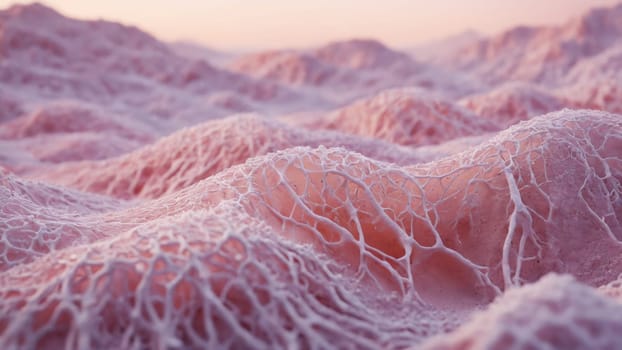 A breathtaking landscape unfolds with soft hills covered in pink-hued shells, reflecting the warm glow of twilight. The gentle curves create a serene scene that invites exploration.