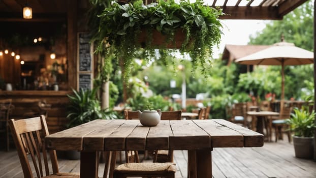 Wooden tables adorned with plants create a welcoming atmosphere in this peaceful outdoor dining space, where natural charm meets cozy elegance amidst gentle surroundings.