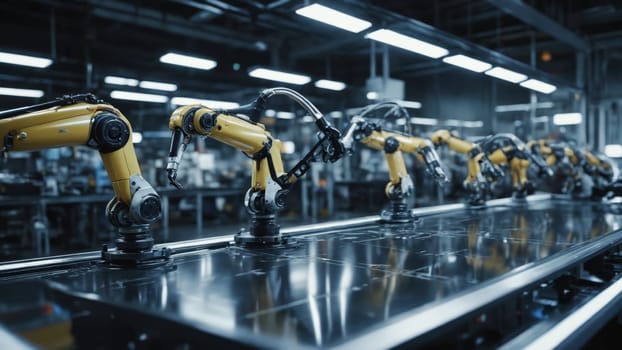 In a spacious industrial environment, multiple robotic arms work in unison, expertly assembling components with precision and efficiency. The bright lighting enhances the technological atmosphere.
