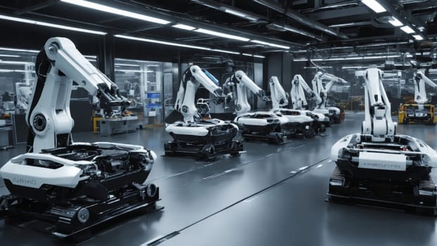A row of robotic arms operates seamlessly in a high-tech manufacturing facility, highlighting precision and efficiency.