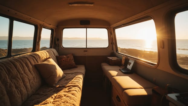 Warm sunlight fills the cozy interior of a van, creating a serene atmosphere. The stunning coastal landscape outside reveals gentle waves and vibrant colors as the day transitions to night.