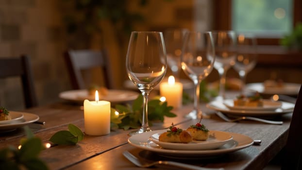 A charming dinner table awaits with flickering candles, fine glassware, and beautifully arranged plates, creating an inviting ambiance for an intimate gathering in a warm, rustic setting.