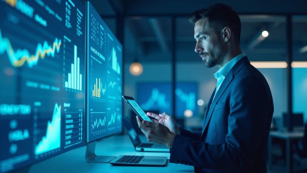 A focused business professional studies various data visualizations on multiple screens, utilizing a tablet. The modern office setting is illuminated, emphasizing the late evening atmosphere.
