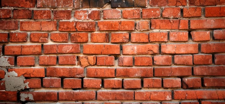 Panorama of red old brick wall. Detailed texture of aged masonry with broken bricks and peeling plaster. Pattern of loft interior or exterior background. Urban, grunge, industrial, abstract backdrop