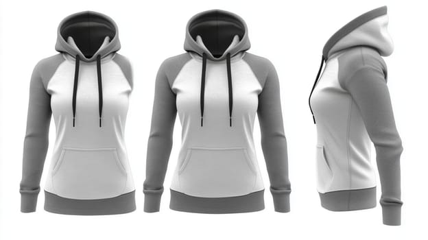 Four views of a female mannequin wearing a blank white hoodie, perfect for showcasing your apparel designs. The mannequin has her hair tied up in two buns