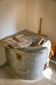 old vintage ashing laundry at the old wooden washboard and wash tub clothing made from concrete