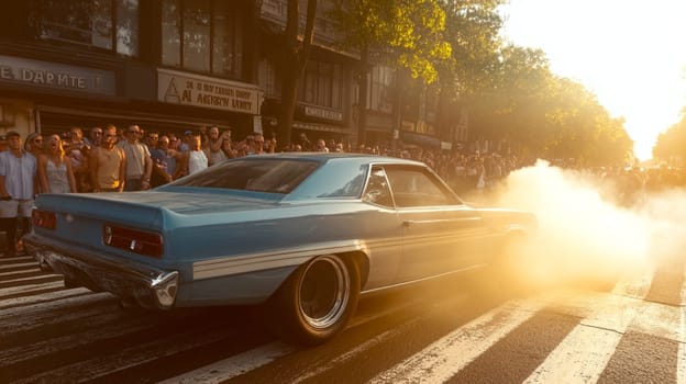 Powerful sports cars race through city streets at sunset, leaving a trail of smoke, thrilling spectators with high speed action