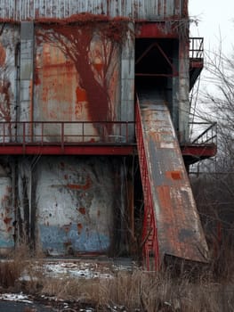 Crimson vines crawl over the faded steel of an industrial giant, marking the quiet return of nature to a once-bustling site.