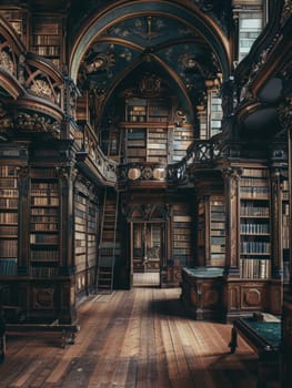 The rich, dark wood paneling of this library exudes a gothic atmosphere, enhanced by ornate carvings and a classic design aesthetic.