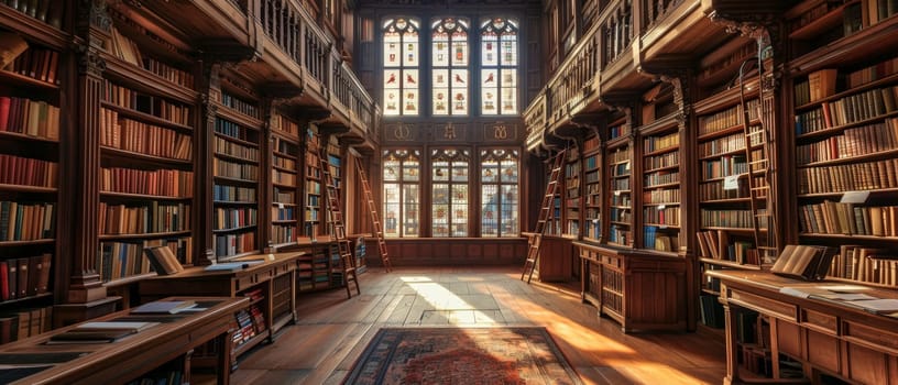 An opulent library interior, featuring towering wooden shelves filled with books, accessed by tall ladders under a vaulted ceiling.
