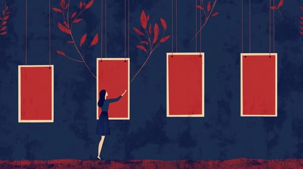 Conceptual illustration of a woman connecting red empty frames hanging from tree branches with red leaves on blue background, ideal for themes like creativity, art, and imagination