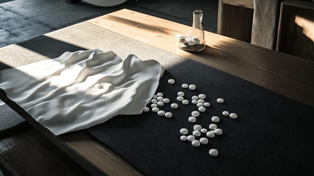 Pile of white pills spilling from a glass bottle onto a table, creating a thought provoking scene about medicine, addiction, and healthcare