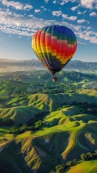 Colorful hot air balloon floating above rolling green hills under a bright sky