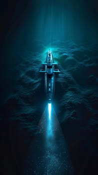 Underwater exploration vehicle illuminating the dark, mysterious ocean depths, surrounded by marine terrain