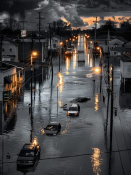 A stormy night casts heavy clouds over a flooded neighborhood, with emergency lights reflecting on the disturbed waters below