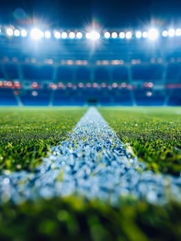 A perfectly groomed sports field is illuminated by bright stadium lights, creating a stunning nighttime scene filled with energy and anticipation