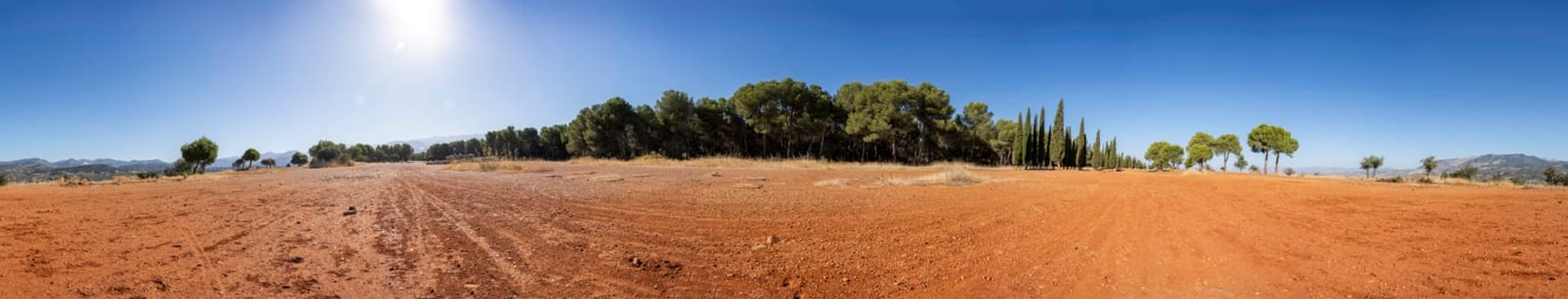 A stunning panoramic view of arid land featuring lush green trees against a clear blue sky, showcasing natures beauty