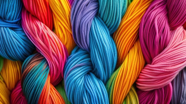 A vibrant assortment of colorful yarn balls is meticulously stacked one on top of the other, creating a visually appealing display