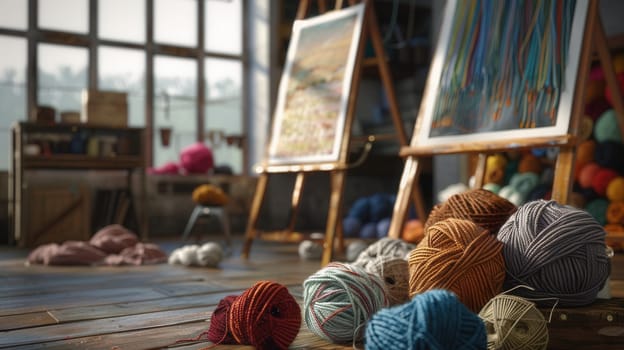 A vibrant assortment of colorful yarn balls is meticulously stacked one on top of the other, creating a visually appealing display