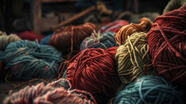 A vibrant assortment of colorful yarn balls is meticulously stacked one on top of the other, creating a visually appealing display