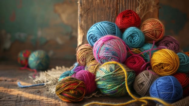 A vibrant assortment of colorful yarn balls is meticulously stacked one on top of the other, creating a visually appealing display