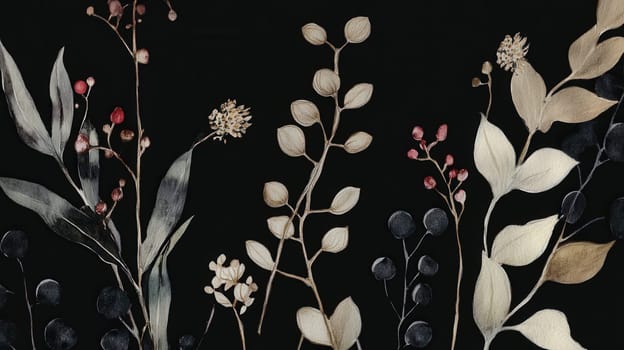 Detailed botanical watercolor illustration on dark