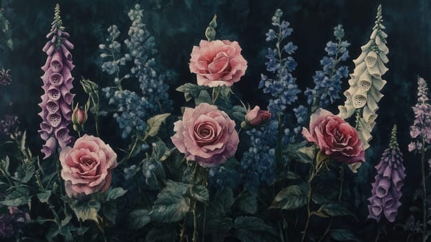 Detailed botanical watercolor illustration on dark