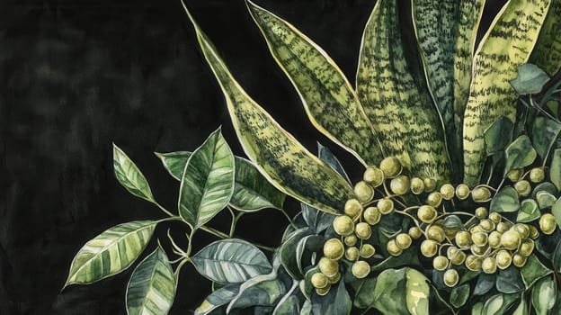 Detailed botanical watercolor illustration on dark