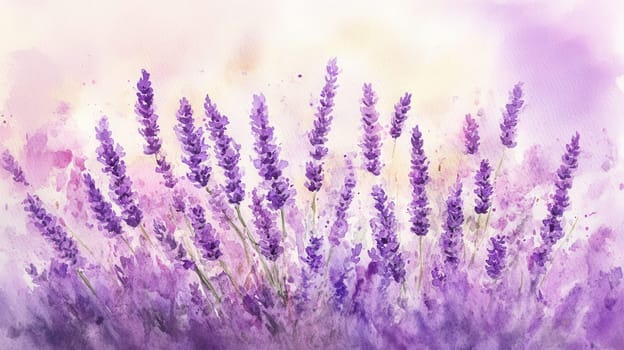 Detailed botanical watercolor illustration of lavender