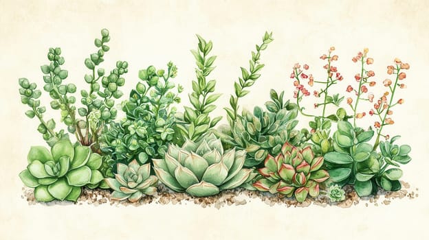 Detailed botanical watercolor showcasing succulents