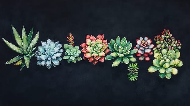 Detailed botanical watercolor showcasing succulents on dark
