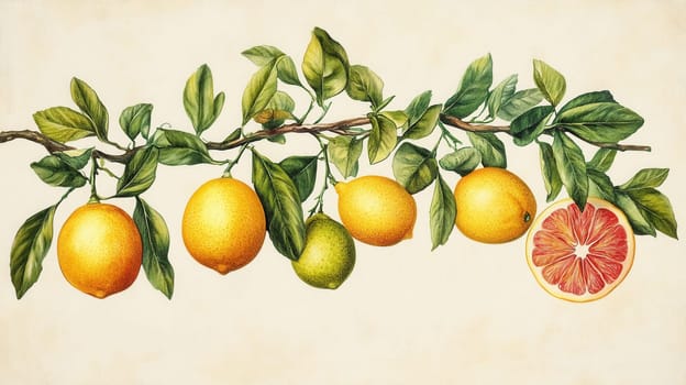 Detailed botanical watercolor showcasing exotic fruits