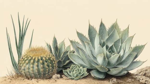 Detailed botanical watercolor showcasing succulents on beige