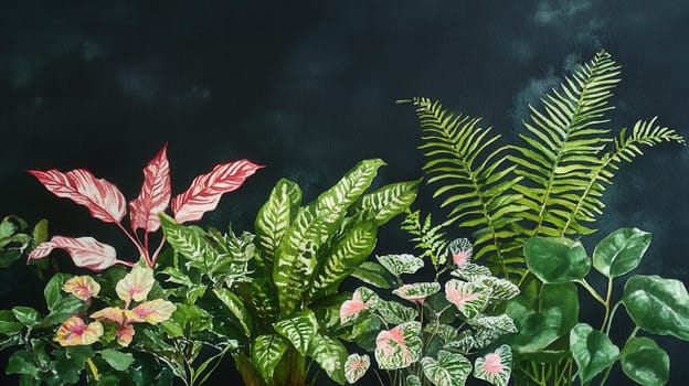Detailed botanical illustration with plants and mushrooms