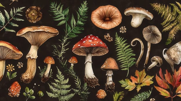 Detailed botanical illustration with plants and mushrooms