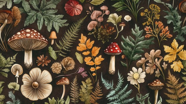 Detailed botanical illustration with plants and mushrooms
