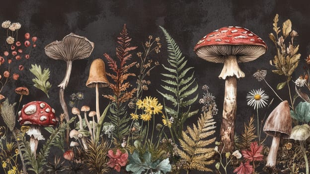 Detailed botanical illustration with plants and mushrooms