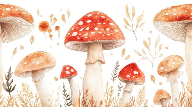 Detailed botanical drawing pattern showcasing mushrooms