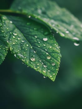 Vibrant green leaves brimming with delicate water droplets, showcasing the exquisite details and textures of the natural world