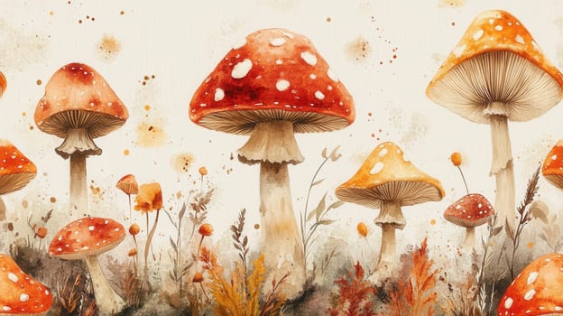 Detailed botanical drawing pattern showcasing mushrooms